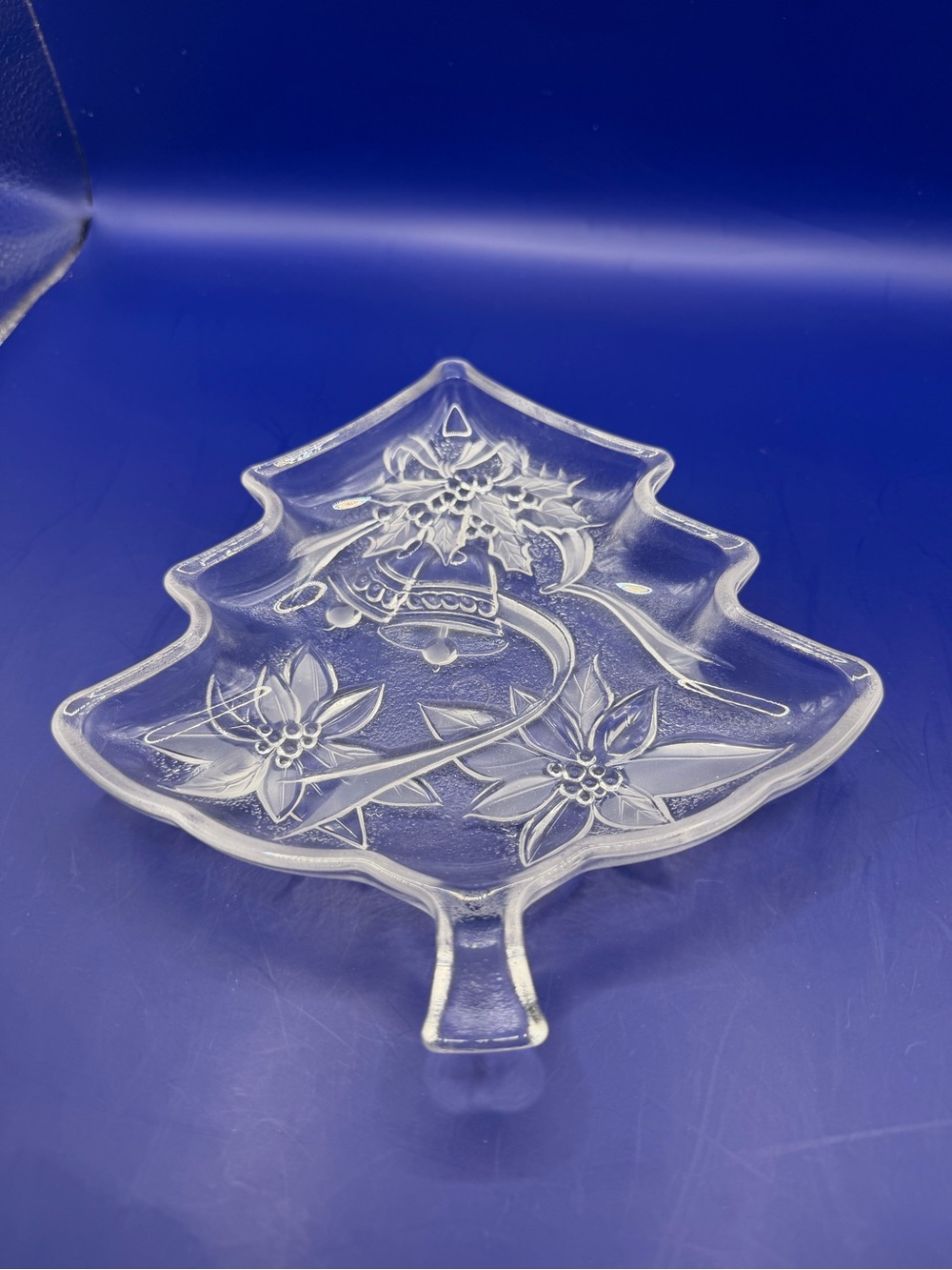 Clear Glass Christmas Tree Dish with Poinsettia and Bell Etching